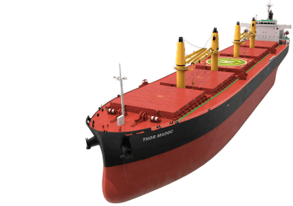 A modern bulk carrier with a red hull and yellow bulk cargo cranes, a typical merchant vessel for maritime professionals