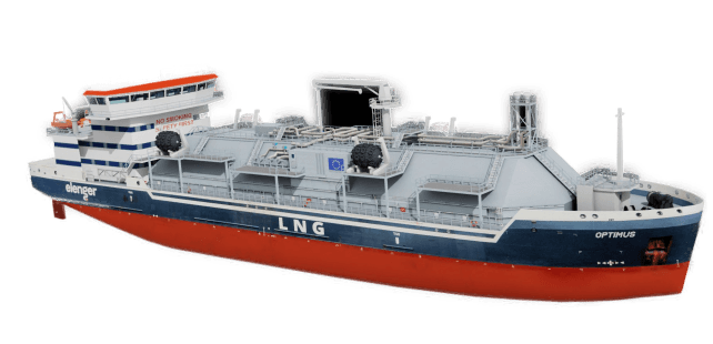 A liquefied natural gas (LNG) tanker with its characteristic gas tank design and specialized equipment