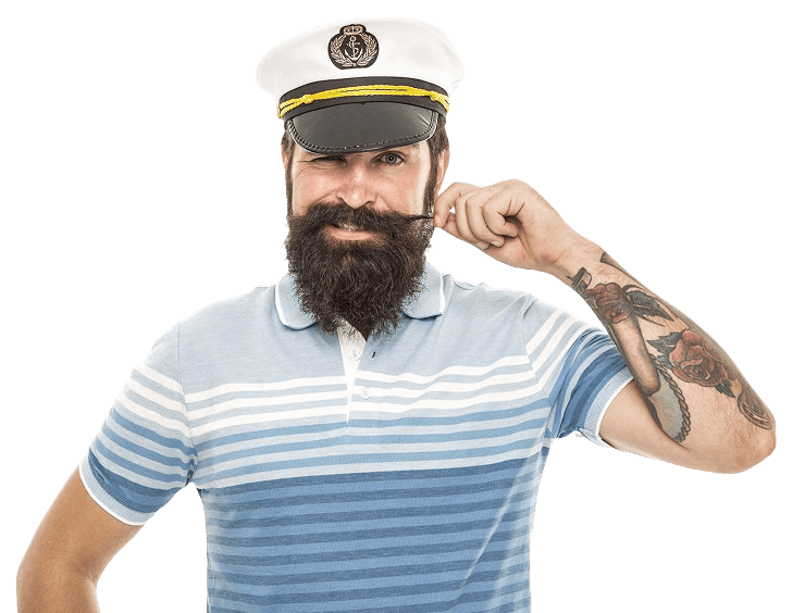 A maritime captain in a uniform cap and vest with a characteristic naval beard