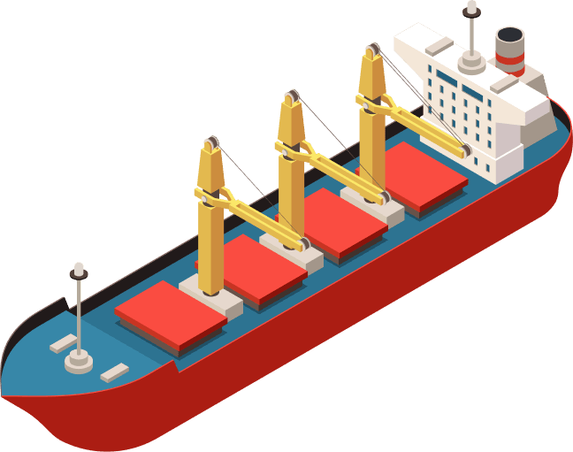 Isometric illustration of a bulk carrier with a red hull and yellow cargo cranes showing four cargo holds - a typical merchant vessel on which many professionals in the maritime industry work